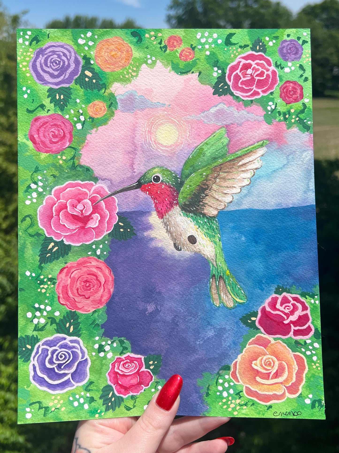 Hummingbird & Roses Painting