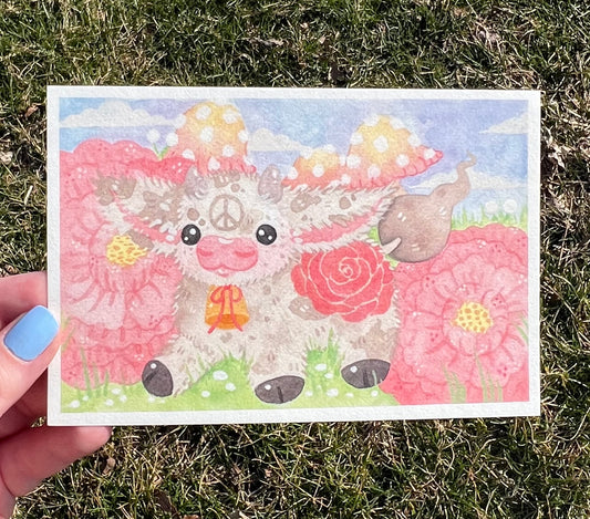 Soft Cow and Peonies Print