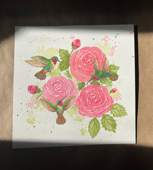 Fluffy Hummingbirds and Roses Painting