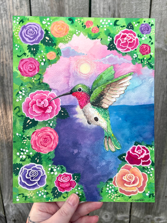 Hummingbird & Roses Painting