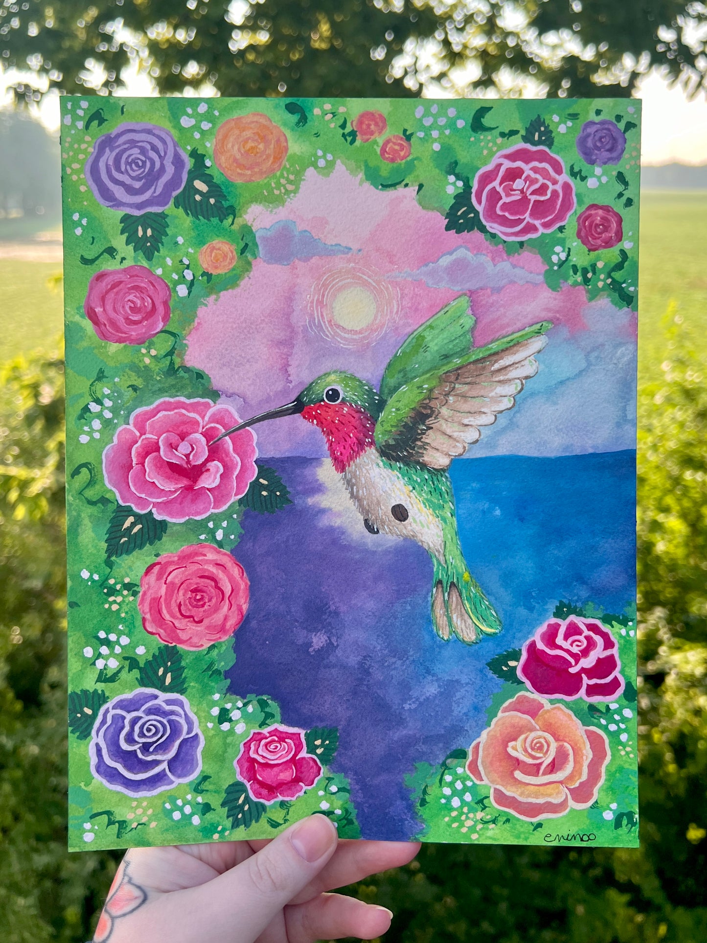 Hummingbird & Roses Painting