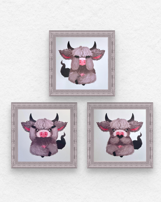 Three Wise Cows , See No Evil, Hear No Evil, Speak No Evil Cotton Mini Prints Bundle