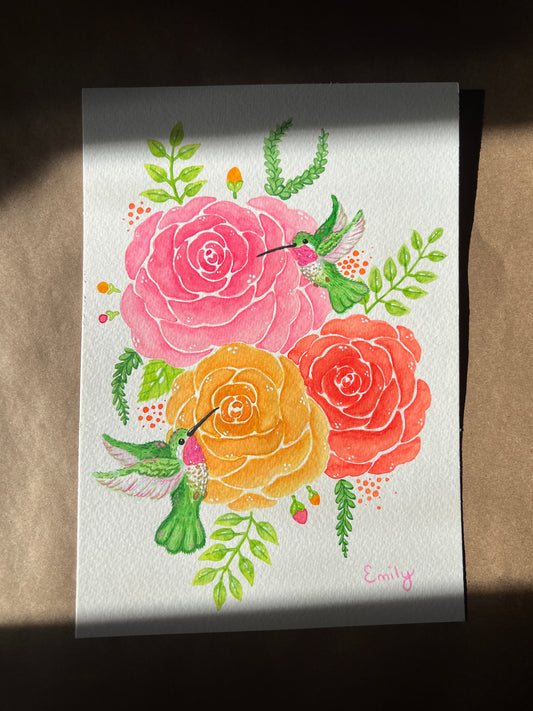 Hummingbirds and Roses Painting