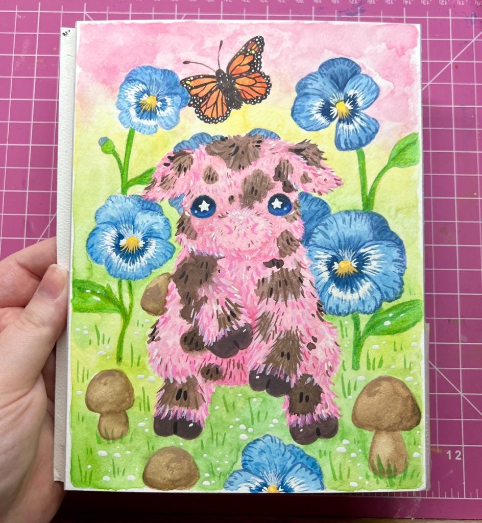 Piggy and Pansies Painting