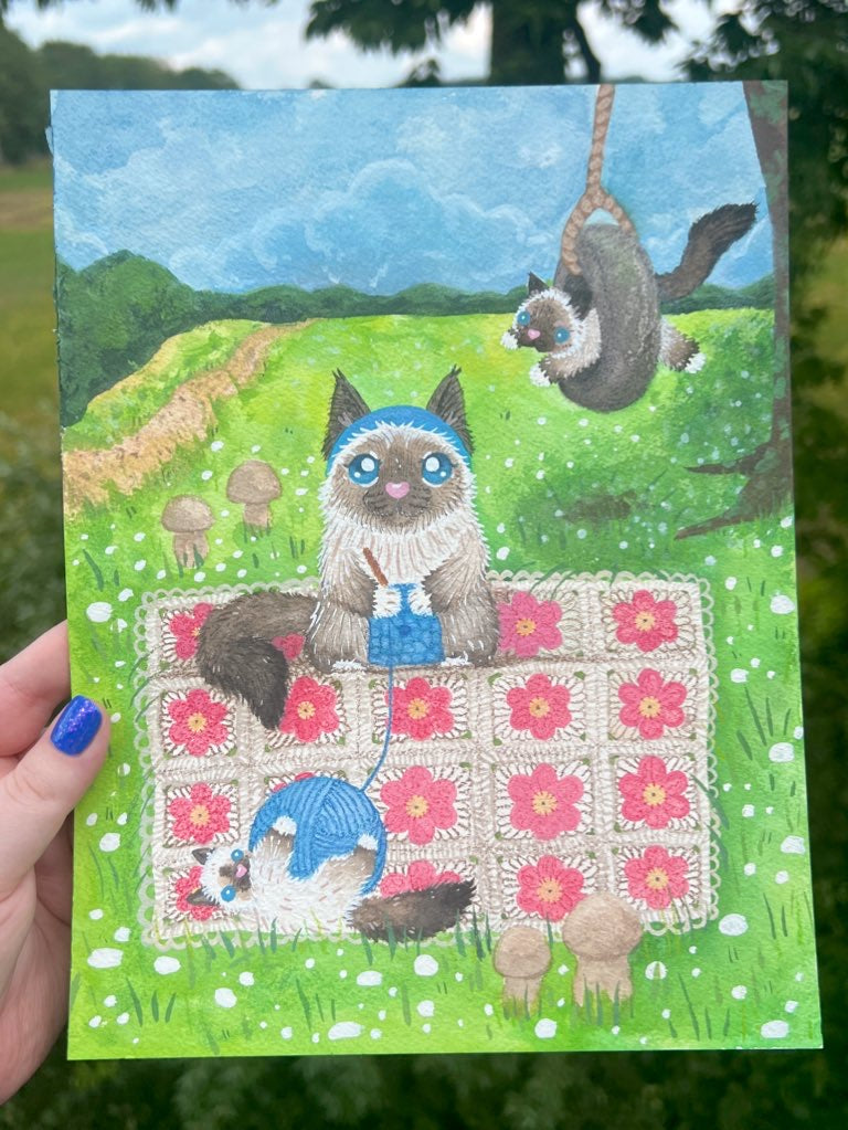 Crochet Blanket and Ragdoll Kitties Painting