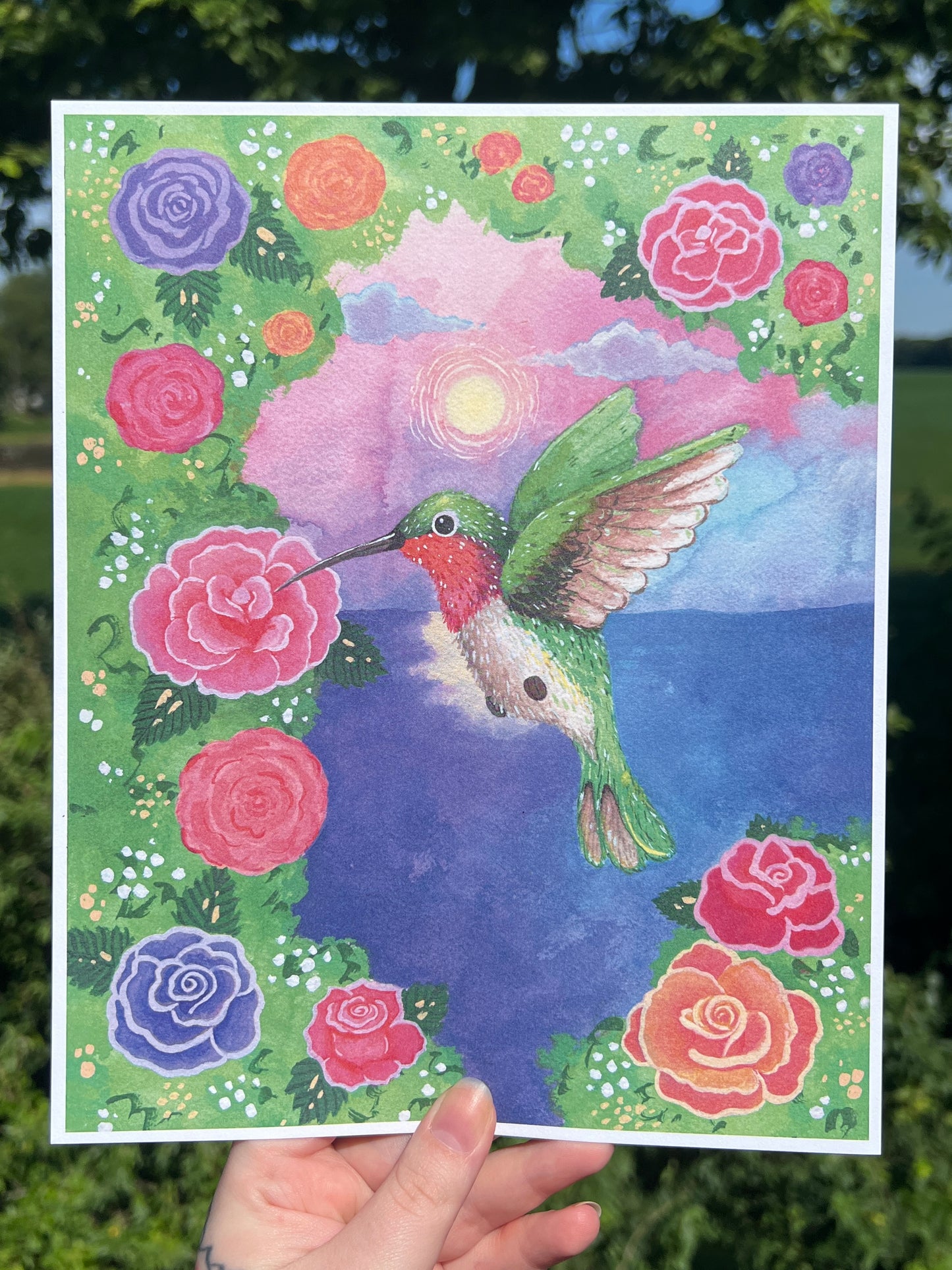 Hummingbird & Roses Cotton Print