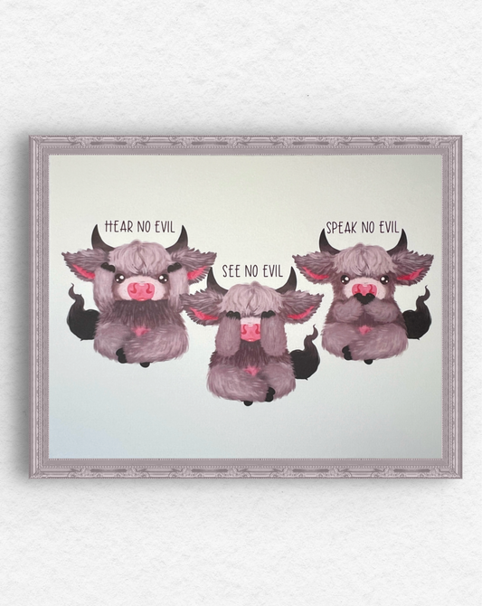 Three Wise Cows , Hear No Evil, See No Evil, Speak No Evil Cotton Print