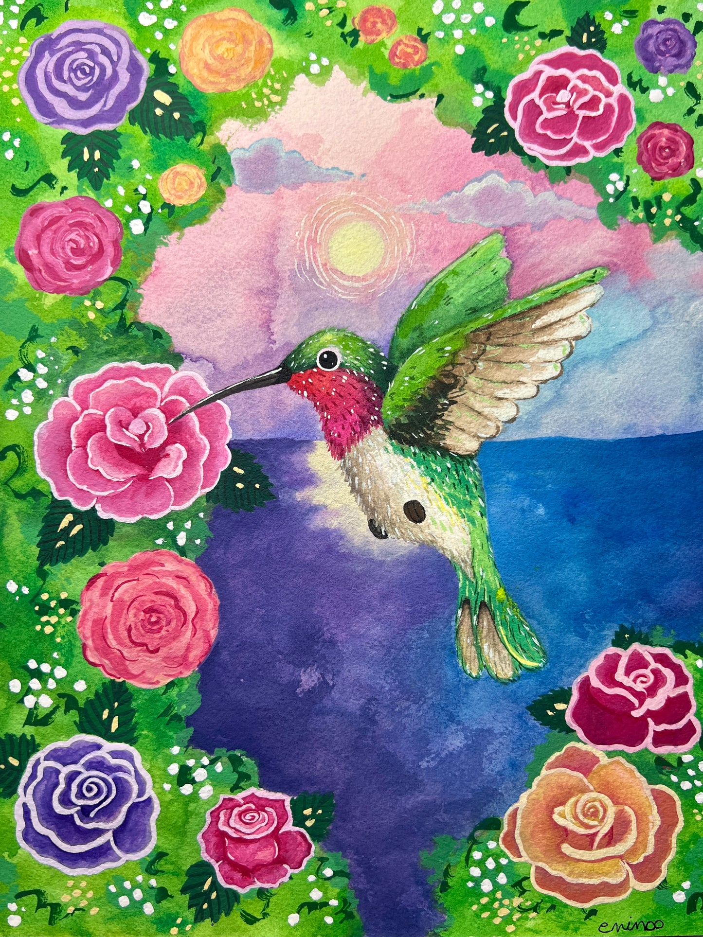 Hummingbird & Roses Painting