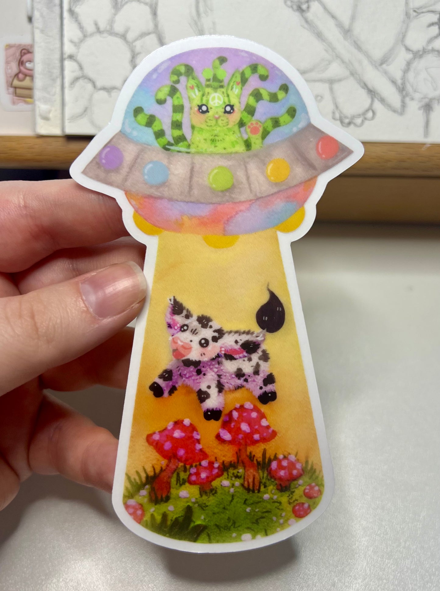 Alien Kitty Abducts a Cow Clear Sticker