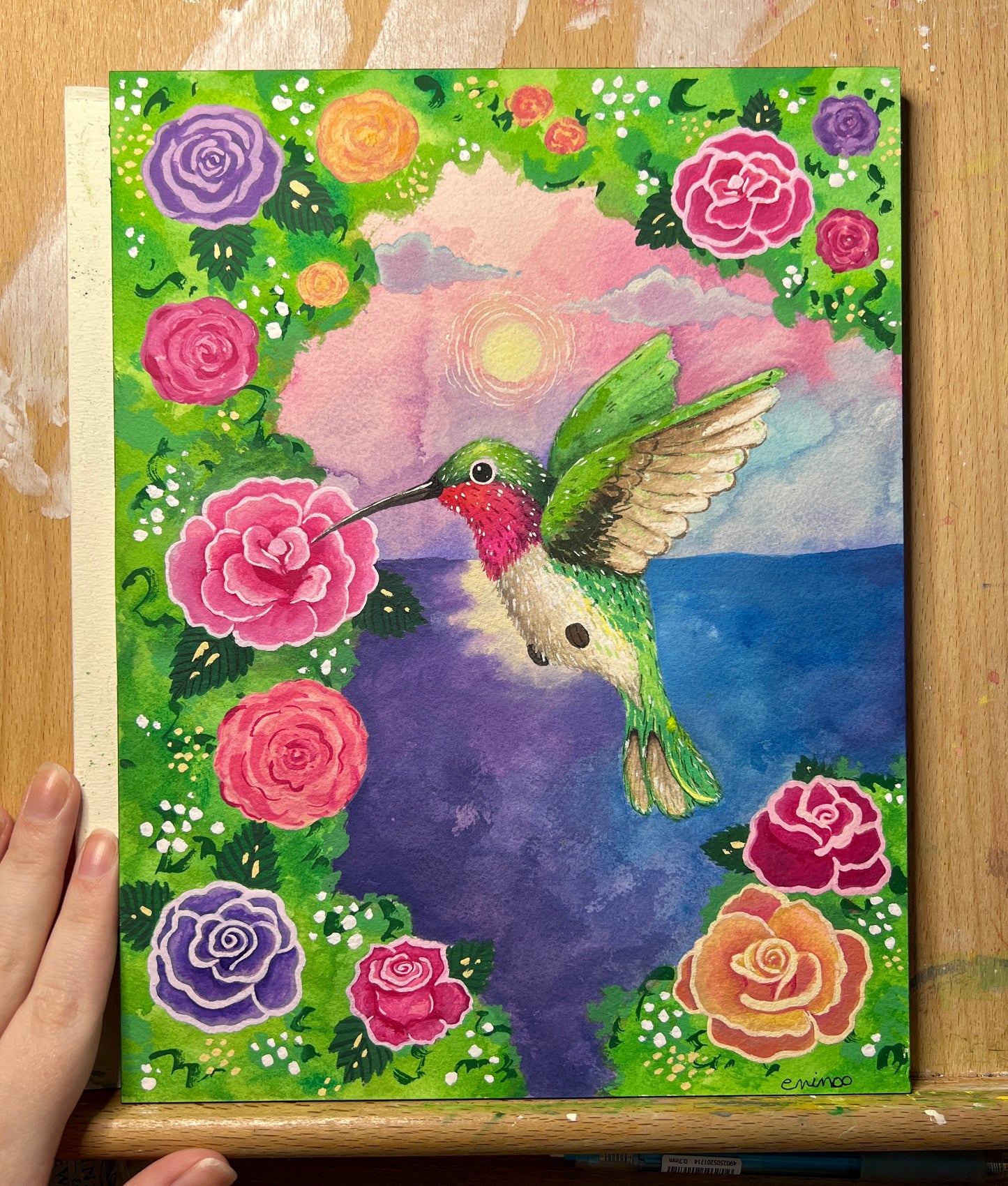 Hummingbird & Roses Painting