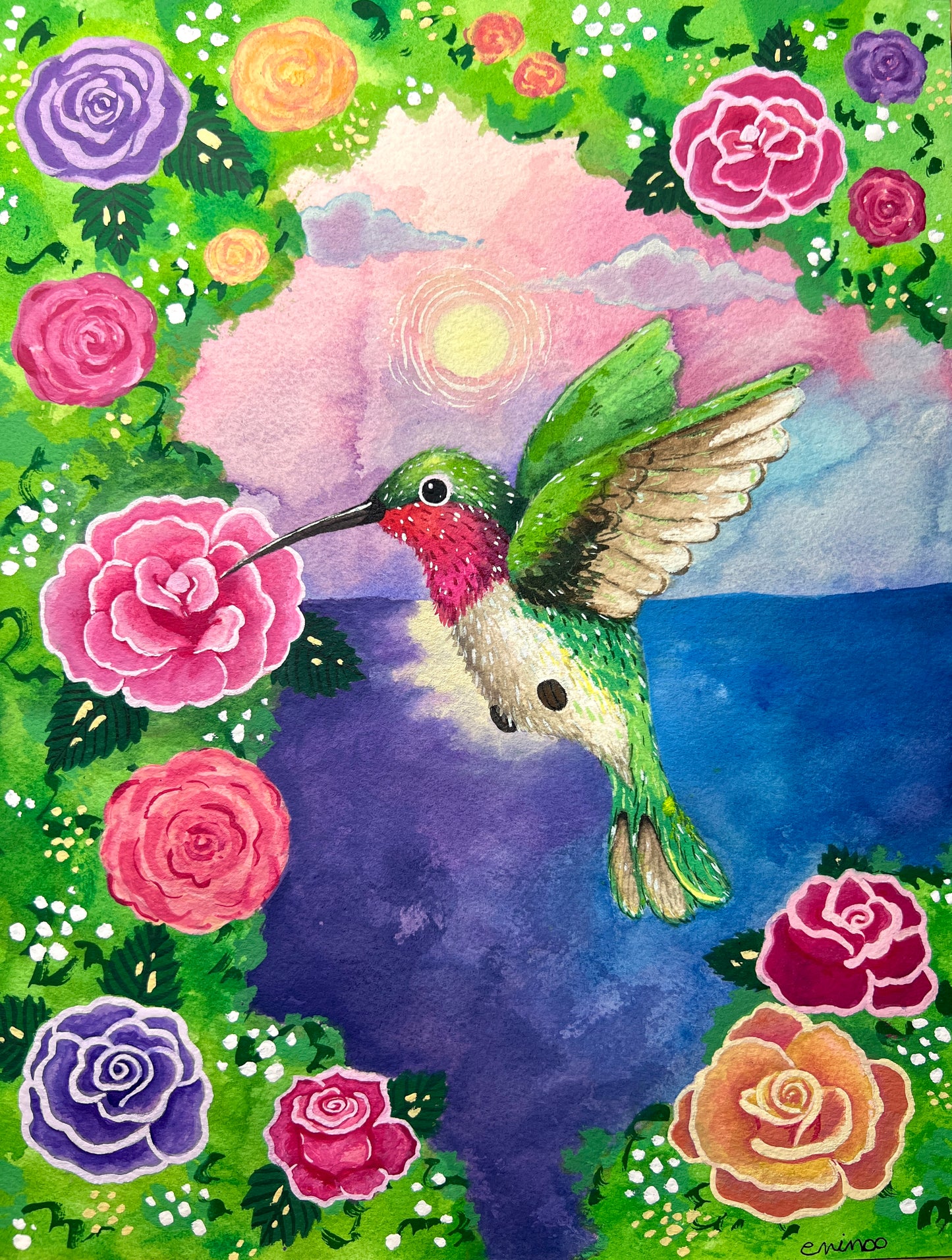 Hummingbird & Roses Painting