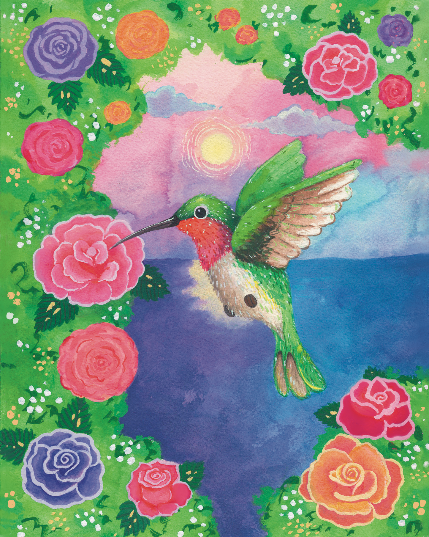 Hummingbird & Roses Cotton Print