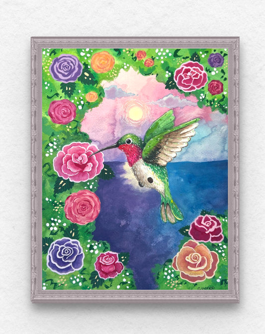 Hummingbird & Roses Painting